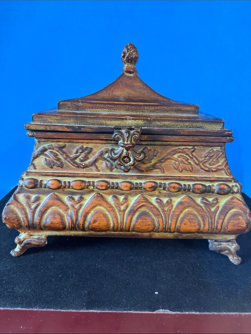 Persian style Ornate Decorative Tin Jewelry Box in Antique Bronze Finish